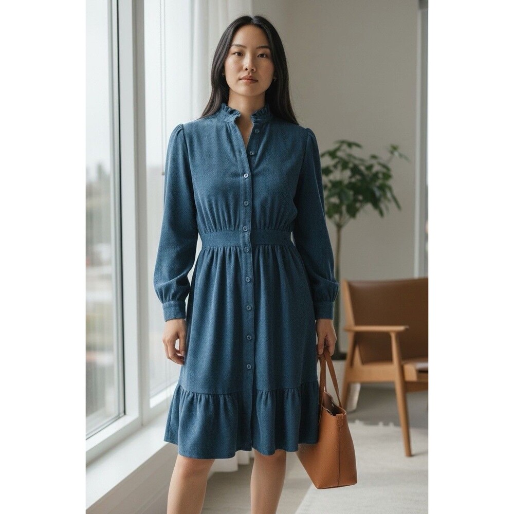 Avara Blue Corduroy Button-Down Dress | Cottagecore Aesthetic size XS